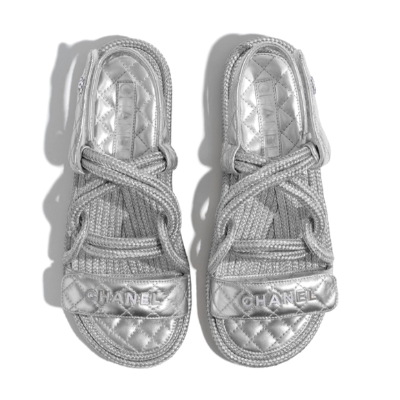 šSOLD CHANELš¤©20S CC Lambskin Cord Rope Logo Dad Sandals in Silver Sz 39 - Picture 16 of 16